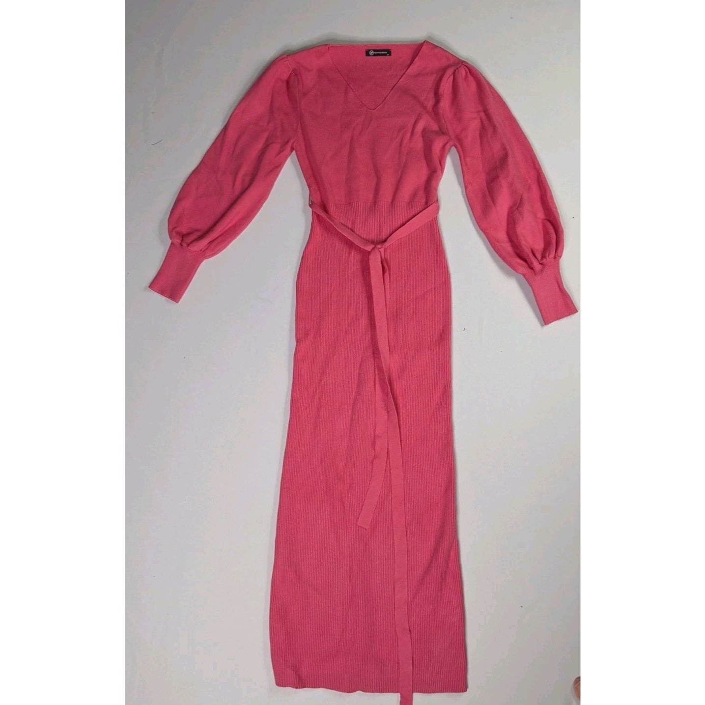M Prettygarden Hot Pink Ribbed Knit Sweater Dress V-Neck Belted Puff Sleeve Midi